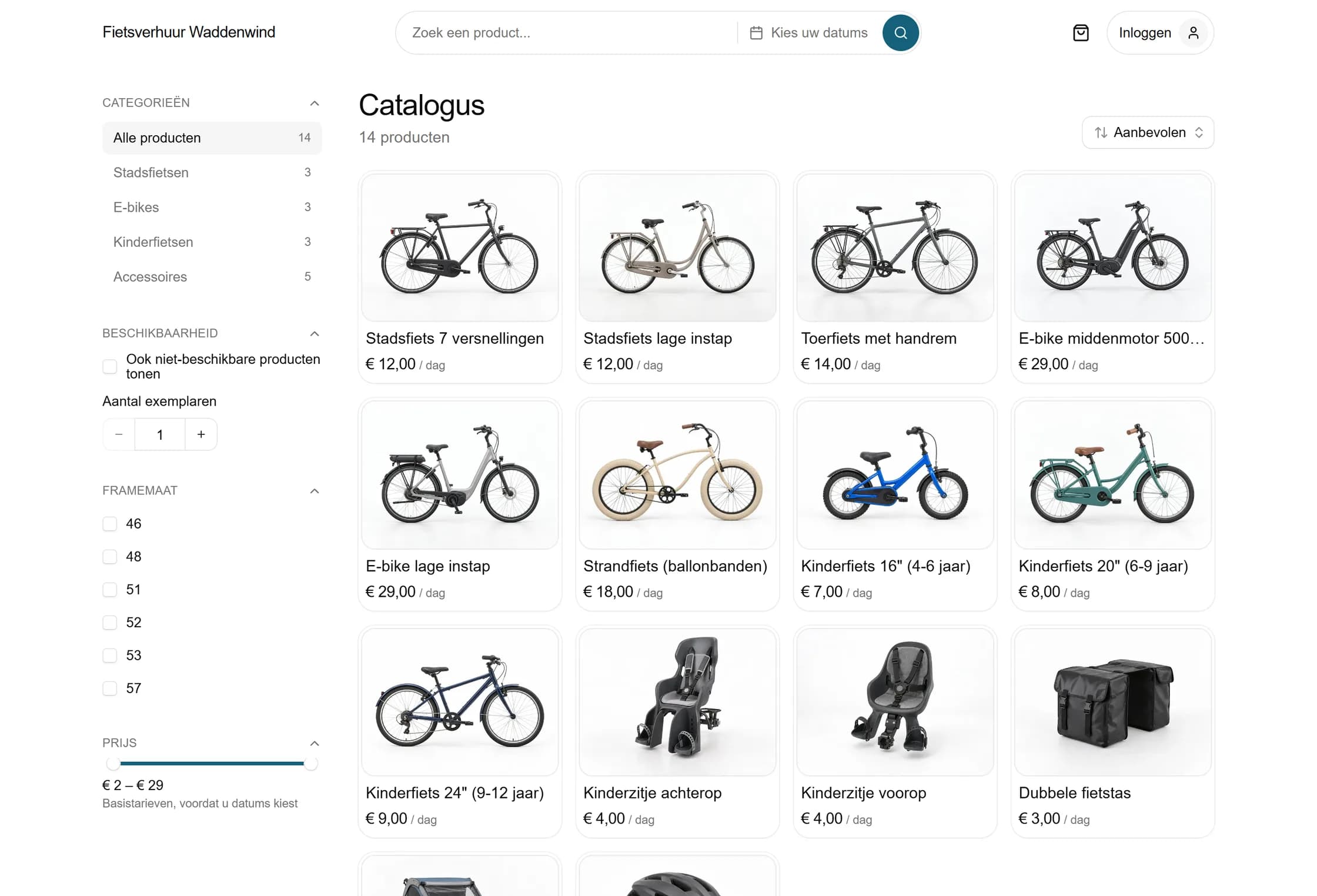De catalogus van een fietsverhuurder met stadsfietsen, e-bikes en kinderfietsen, met een filter op framemaat.
