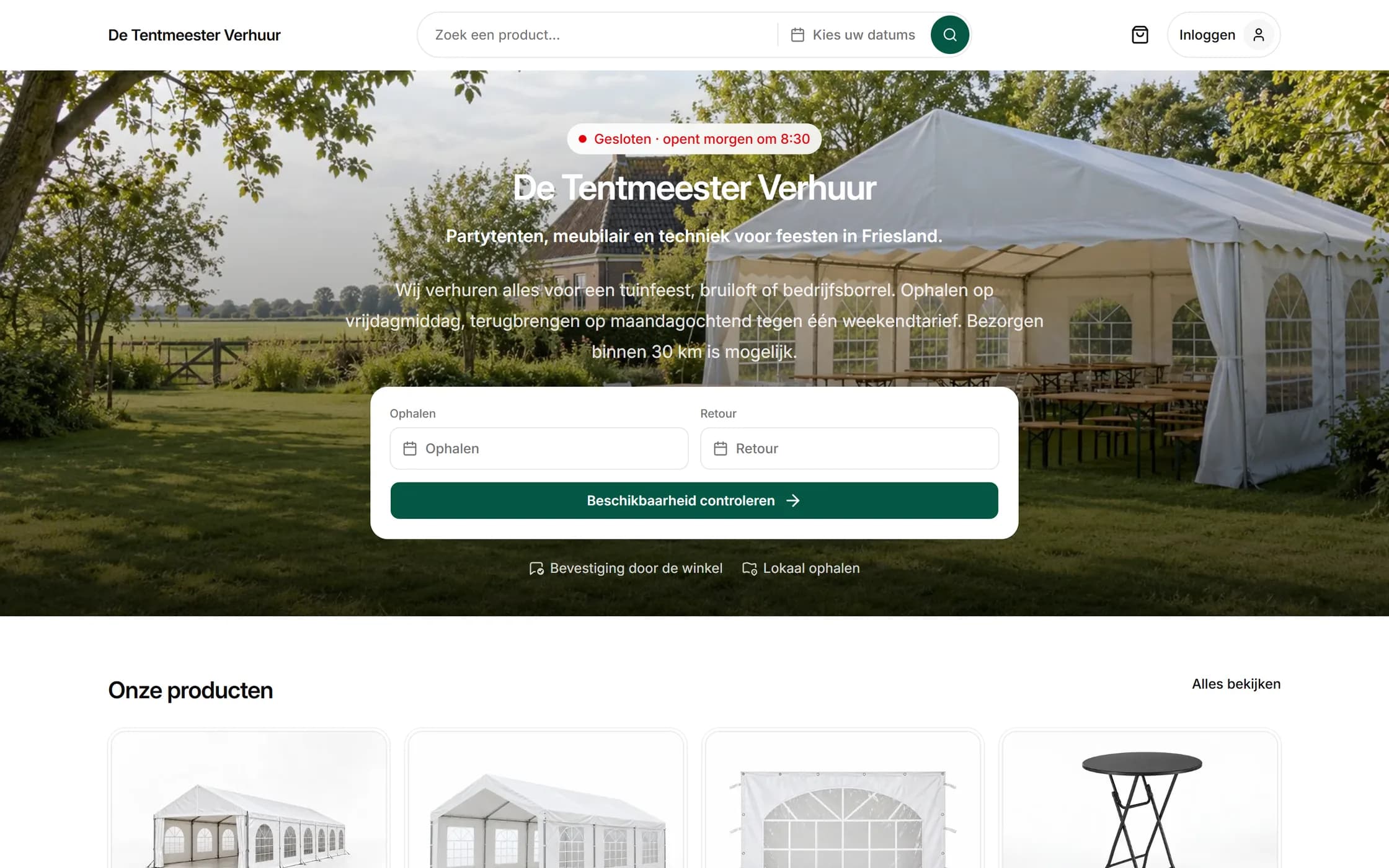 De verhuurwebsite van De Tentmeester Verhuur met zoekbalk, periodekeuze en productoverzicht.
