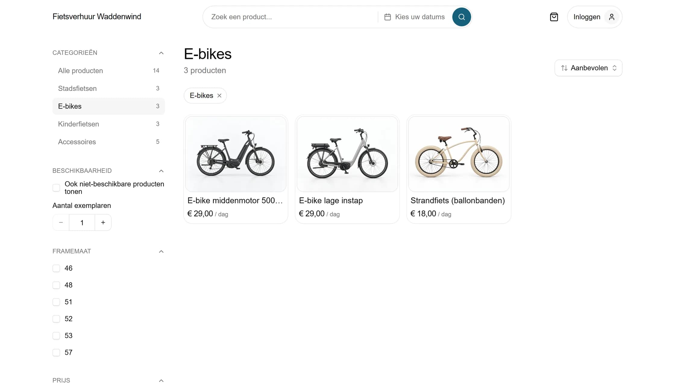 Catalogus van een fietsverhuurder, gefilterd op de categorie e-bikes.